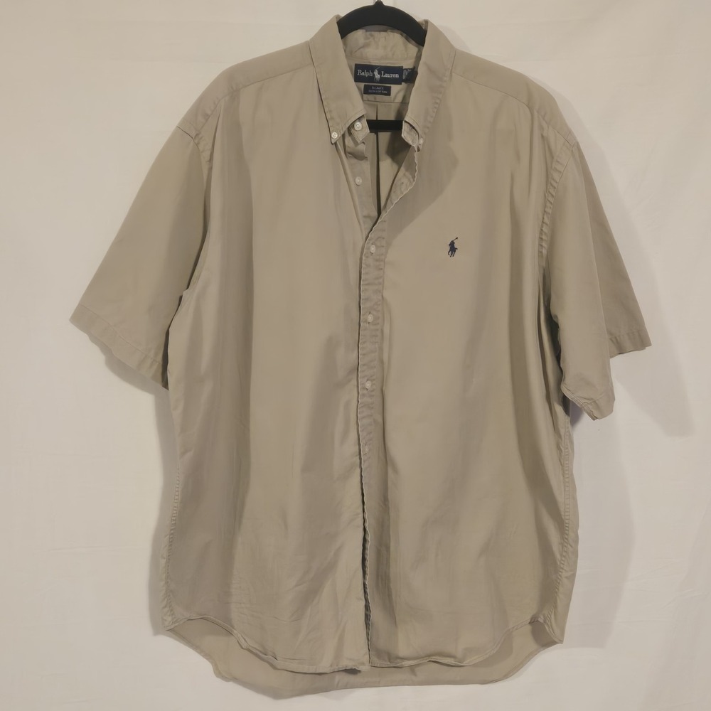 Ralph Lauren Blake Shirt Mens XL Tan Beige Khaki Button Short Sleeve Cotton